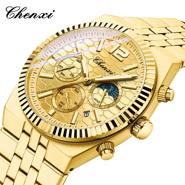 CHENXI Luxury Full Gold Watch for Men High Quality Stainless Steel Multifunction Chronograph Male Fashion Sport Quartz Watches