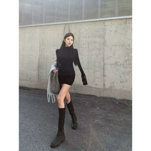 Vestido lápiz de manga larga con cuello alto, ajustado, de pana, a media pantorrilla, cintura natural, vintage, para otoño/invierno, capa interior pura - Product Image 4