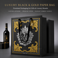 Sac cadeau noir haut de gamme pour vin, spiritueux, bougies, avec logo personnalisé en or, impression offset, construction robuste, poignée en ruban de luxe
