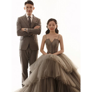 Elegant Gray Ball Gown <b>Wedding</b> <b>Dress</b> Sweetheart Neckline Tulle Long Train Natural Waistline Vintage Style Studio Couple - Product Image 1