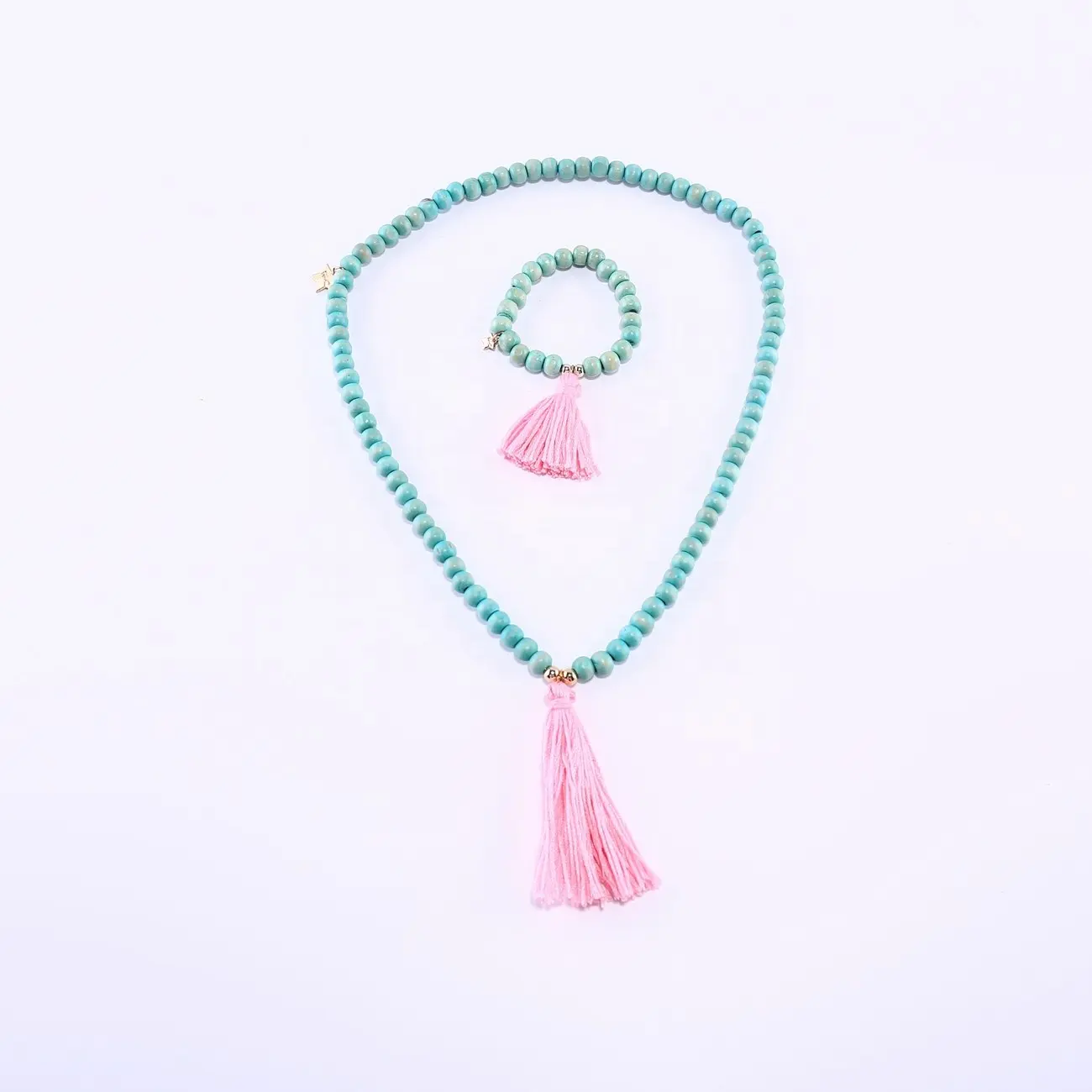 Wholesale Necklace Bracelet Set for Children Wood Beads with Tassel Necklace Accessories