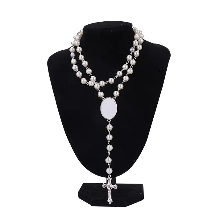 Fashion Cross Religiöse Sublimation Blank Rosenkranz Halskette mit ovalem Einsatz auf Lager