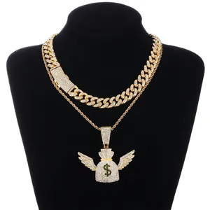 DE Full Drill Money Bag Trendy Hiphop Shiny Fancy Fashion Alloy Jewelry Wallet Wing Fly Pendant with Cuban Chain Necklace Set