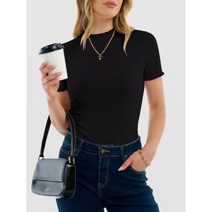 FOXA Women's Ribbed <b>Mock</b> <b>Neck</b> Short Sleeve <b>Top</b> Slim Fit Casual Tee Shirt Breathable Spandex Cotton Spring Outfit - Product Image 2