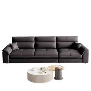 Chaise Lounge Genuine Leather <b>Sofa</b> Modern Minimalist Straight Line <b>Cream</b> Style For Living Room Small Apartment Home Rental - Product Image 4
