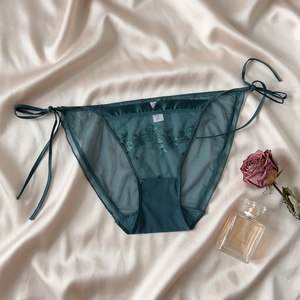 Braguitas de malla con bordado floral para mujer, de color liso, con lazo lateral, transparentes, de cintura media, elegantes, lencería para dama, venta al por mayor - Product Image 2