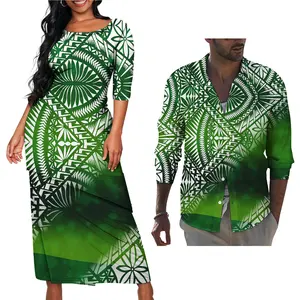 전통적인 폴리네시아 부족 사모아 Puletasi 원피스 매칭 하와이 셔츠 사용자 정의 꽃 원피스 대형 도매 드레스