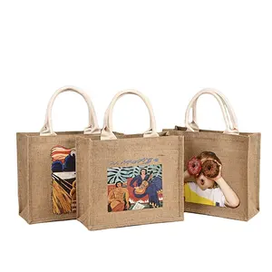 Regalo di moda Eco Friendly Logo stampato personalizzato ricicla lo Shopping naturale pieghevole riutilizzabile borsa di juta in lino laminato Tote