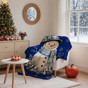 Christmas Snowman Print <b>Throw</b> Blanket Rectangular <b>Blue</b> Polyester Acrylic Soft Home Decor Winter Classic Style Machine Washable - Product Image 5