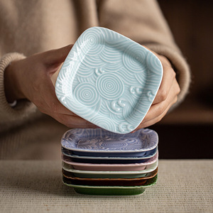 Assiette carrée élégante en porcelaine motif vague marine, petite assiette à fruits, plat à collation pour thé Zen, vaisselle de fête - Product Image 1