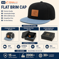 Casquette de baseball personnalisée noire à visière plate, 6 panneaux, snapback, visière en jean bleu, patch en cuir, réglable, vente en gros, OEM, faible MOQ