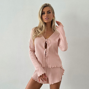 Cross-border European and American 2024 Summer Sexy Cardigan Knitted Long-sleeved Shorts Women's Homewear Soft and Breathable - Product Image 2