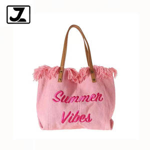 好女式帆布手提包刺绣粉色简约字母编织肩带Eva手提包美丽夏季标志沙滩包 - Product Image 1