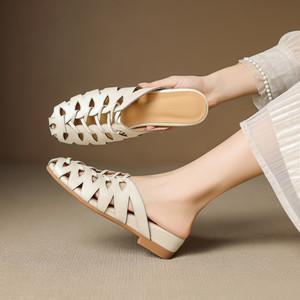 Sandales mules ajourées tissées pour femmes, à bout fermé, talon carré bas, respirantes, décontractées d'été - Product Image 6
