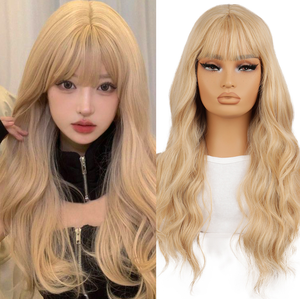Le parrucche in fibra sintetica resistente alle alte temperature sono adatte alle donne. Sono di colore dorato, con capelli ondulati e una rete a forma di rosa. - Product Image 3