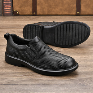 Mocassins en cuir véritable noir à bout rond, à enfiler, semelle en caoutchouc respirante, toutes saisons, chaussures pour hommes - Product Image 3
