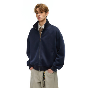 Sweat-shirt gris surdimensionné pour homme, fermeture éclair, couleur unie, coton tricoté, col montant, vêtement décontracté pour l'automne - Product Image 2