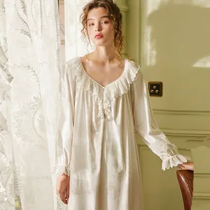 Изысканная кружевная Хлопковая женская ночная рубашка, женская одежда для отдыха с длинным рукавом, пижамное платье, одежда для сна для девочек, белая кружевная ночная сорочка