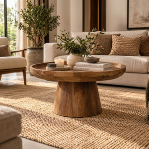 Mesa de Centro Redonda de Madera de Mango con Acabado en Nogal Oscuro, Estilo Europeo Moderno para Sala de Estar - Product Image 1