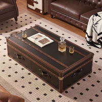 Table basse mobile de style rétro américain avec cadre en bois, en cuir vieilli huilé et ciré, pour bar, KTV, café, club, design authentique
