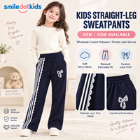 Smiledotkids Pantalons de jogging personnalisés pour enfants, bleu marine, avec dentelle et broderie nœud, OEM ODM, pour petites filles, vente en gros