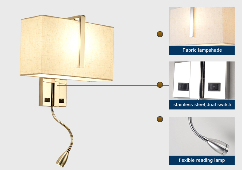 Designer Wall Light Modern Switch Fittings Square Shades Bedside Reading Led Wall Lamp Indoor Hotel Room Wall Mount Light