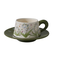 Tasse et soucoupe en céramique rétro américaines, motif orchidée verte peinte à l'huile, style Hepburn, pour café ou thé de l'après-midi