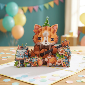 Carte pop-up 3D Joyeux Anniversaire Chat Guitare, artisanale, en papier vietnamien, design personnalisé, décoration de maison pour Thanksgiving, meilleures ventes - Product Image 3