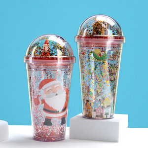 Zhen Ai Christmas Water Bottle Double Layer Plastic Straw Cup Reusable Glitter Design Gift Cup For Holiday Presents - Product Image 2