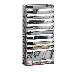 Wall <b>File</b> Holder 10 Tier Mesh Hanging Folder Organizer with Flat Tray Wall Mounted Mail Organizer Magazine Paper Desk Shelf - Product Image 1
