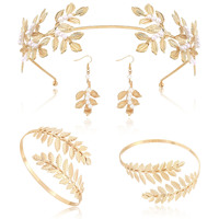 Ensemble d'accessoires de coiffure de mariée en feuille d'or et perles, en alliage électroplaqué, comprenant serre-tête, peigne à cheveux, épingle à cheveux et boucles d'oreilles, pour la vente en gros
