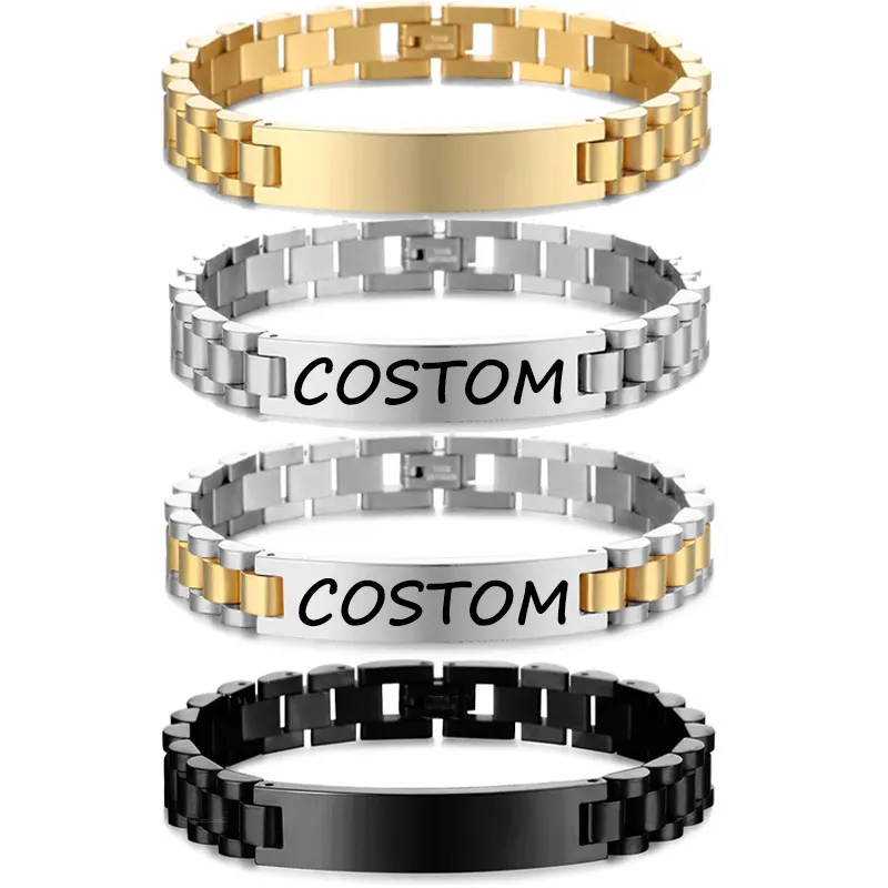 Waterproof Jewelry Gold Black Plating Chain Bracelet Custom Text Watch Strap Link Bracelet For Men Blank Bar Bracelets