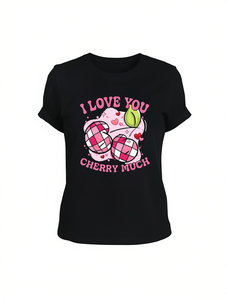 T-shirt da donna I Love You Cherry Much, girocollo, manica corta, per San Valentino, casual, alla moda, taglie forti, in cotone stampato - Product Image 1
