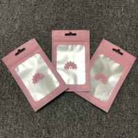 Bolsas de Mylar resellables con ventana para brillo labial, muestras de pestañas, alimentos, joyería, embalaje de alimentos rosa, impresión en huecograbado PE, cierre con cremallera