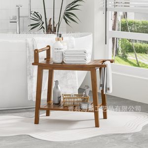 Tabouret de salle de bain en bois à double niveau avec rangement pour serviettes et étagère pour usage domestique - Product Image 4
