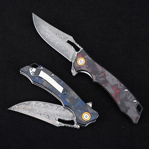 Pisau taktis baja Damaskus pisau lipat luar ruangan gagang serat karbon merah GT-DM026 - Product Image 3