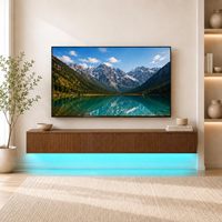 Meuble TV flottant HANYEE avec éclairage LED, prise de courant intégrée, console de divertissement murale en bois cannelé