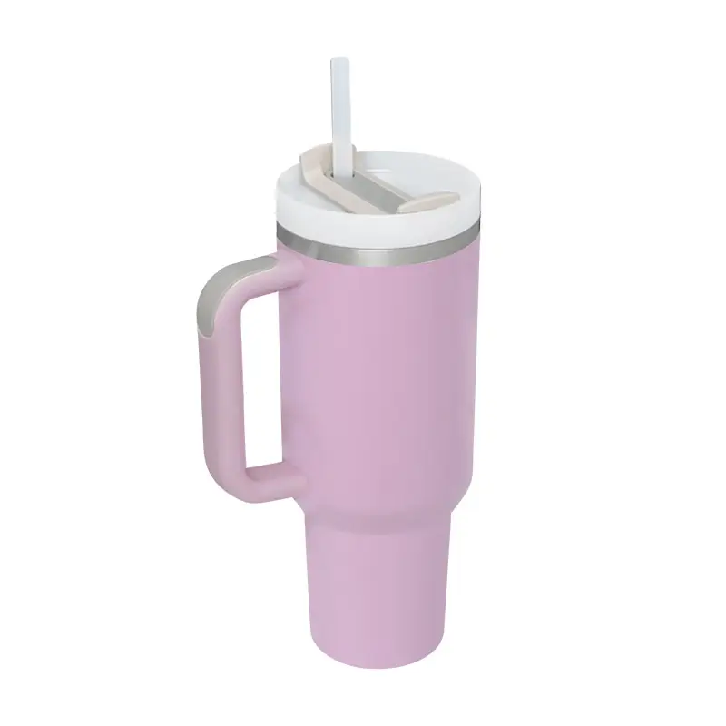 Tazas personalizadas de acero inoxidable con aislamiento al vacío, tazas de café con recubrimiento en polvo de 40oz, vasos al por mayor con asa y pajita