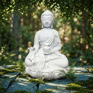 Statue de Bouddha assis grandeur nature, style traditionnel, en marbre blanc, sculptée à la main, pour jardin extérieur - Product Image 1