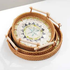 Hand woven Square Oval Small Rattan Tray Rectangle Round Shell Woven Seagrass Willow Bread Basket Rattan Storage Serving Tray