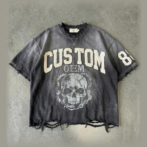 เสื้อยืดผู้ชายทรงบ็อกซี่ แขนเสื้อแบบดรอปโชว์เดอร์ สตรีทแวร์ ผ้าฝ้าย 100% ปักลายแบบแอพพลิเค่ พิมพ์ลายตามสั่งแบบ OEM สไตล์วินเทจ - Product Image 1