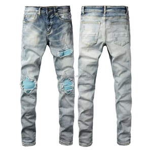 American retro hiphop <strong>jeans</strong> European and American street hole patch trend personality <strong>skinny</strong> slim <strong>drip</strong> pants - Product Image 4