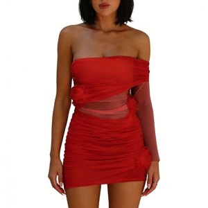 เดรสมินิเดรสแขนตาข่ายรัดรูปสำหรับผู้หญิง - ชุดเดรสปาร์ตี้ประดับดอกไม้ 3 มิติ แฟชั่น - Product Image 1