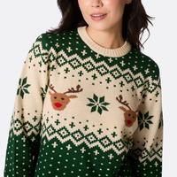 Pull-over unisexe en coton 100% jacquard tricoté plat, col rond, manches longues, motif élan de Noël, couleur unie sésame, pour l'hiver