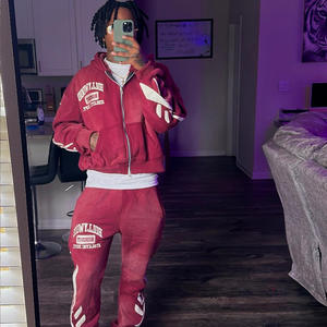 Streetwear Acid Washed Sweat Suits Reiß verschluss Hoodies Trainings anzug Set Acid Wash Distress Patch Ausgestellte Jogging hose und Hoodie Set - Product Image 3