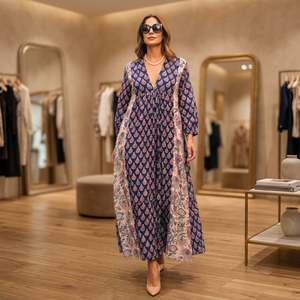 Women's <b>Bohemian</b> <b>Maxi</b> <b>Dress</b> 100% Silk Woven Fabric Long Sleeve Color Blocking A-Line Silhouette Lightweight Anti-Wrinkle - Product Image 4