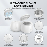 Nettoyeur ultrasonique multifonction de qualité médicale 48 kHz pour aligneurs et gouttières, désinfectant UV-C portable, étanche IPX7, 200 ml