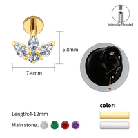 Anting-anting tusuk titanium ASTM F136 dengan zircon CZ bunga, warna ungu merah hijau, minimalis, berulir dalam, perhiasan tubuh.