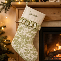 Chaussette de Noël personnalisée en toile verte à imprimé toile de Jouy avec volant, pour décoration de Noël à suspendre, cadeau de Noël, vente en gros