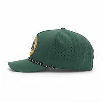 Casquette de baseball snapback à visière incurvée, 5 panneaux, verte, avec patch tissé perforé au laser, style corde, approvisionnement direct fabricant en gros